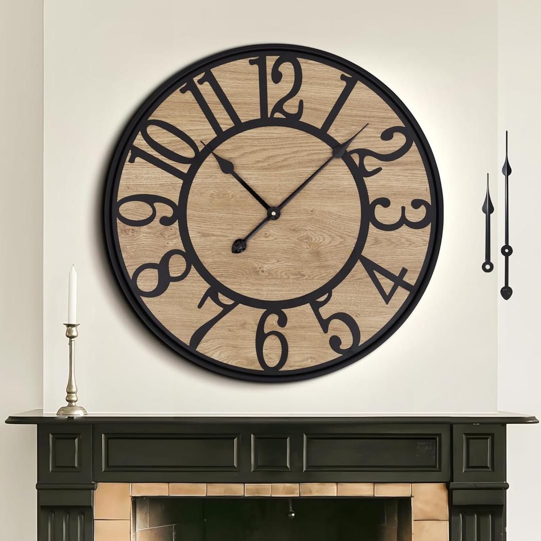 Large Wall Clock for Living Room Decor, Non Ticking Silent, Battery Operated Modern Vintage Wood Oversized Decorative Wall Clock for Bedroom Kitchen Farmhouse Office Decor (32inch, Black Metal - Arabic Numerals)