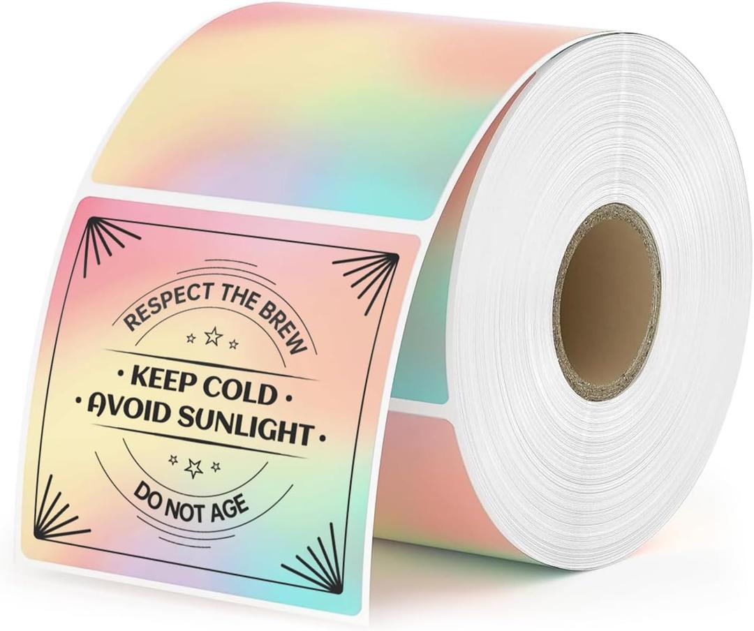 MUNBYN 2x2 Thermal Sticker Labels, Rainbow Color Square Thermal Labels for Small Business, Logo Design, Baking, 500 Sheets/1 Roll (Iridescent)