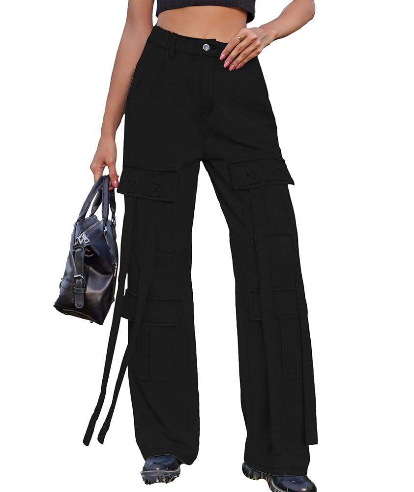 xxxiticat Women's Cargo Jean Pants Casual High Waist Long Ribbon Multi Pockets Wide Leg Baggy Denim Trousers with Pockets XS