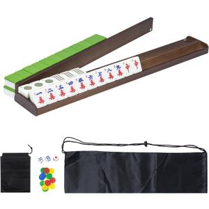 Wooden Mahjong Racks Set with Detachable Magnetic Pushers, 4 Racks & 4 Pushers,Includes 3 Dice, 2 Chip Packs & Carry Bag, Sturdy & Portable Family Game Night Set
