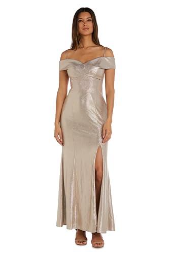 NIGHTWAY Women's Off The Shoulder Shimmer Gown W/Elegant Drape & Slit | Glamorous Evening Cocktail Party Attire Champagne 18