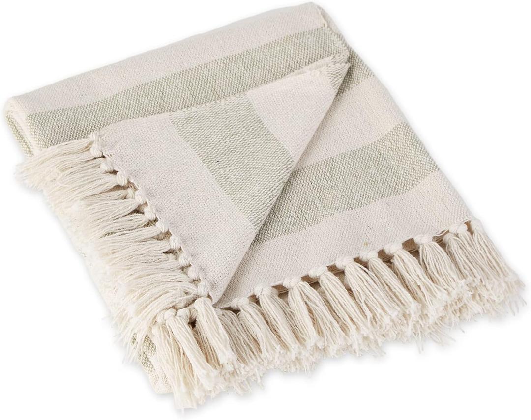 DII Rustic Farmhouse Cotton Cabana Striped Blanket Throw with Fringe, 50 x 60 - Cabana Striped Artichoke