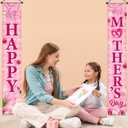 Happy Mother's Day Porch Banner Decorations,Mothers Day Porch Sign Pink Heart Flowers Mother's Day Indoor Outdoor Hanging Banner for Best Mom Ever,Mothers Day Birthday Party Decor
