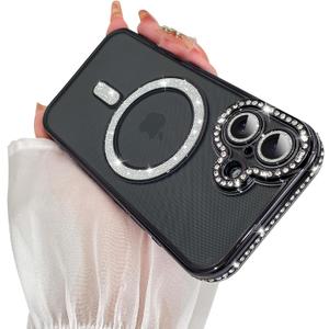 SAKUULO Magnetic Case for iPhone 17 6.3inch Clear Plating,Black | Compatible with MagSafe,Glitter Sparkly Diamonds Rhinestone with Camera Protector Slim Shockproof Protective Women Girls