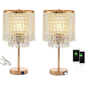 Crystal Table Lamps Set of 2, Gold Lamps for nightstand with 2 USB Charging Ports, 3-Way Touch Dimmable Crystal Lamp, Gold Bedside Lamp with Elegant Shade for Bedroom, Living Room