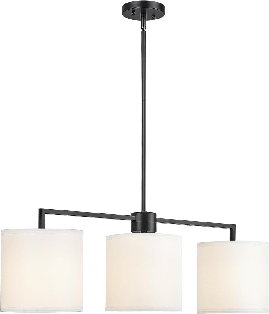 Emak Modern 34 Inch Kitchen Island Lighting, Black Dining Room Light Fixture with White Linen Drum Shade, Farmhouse 3-Light Linear Chandeliers for Dining Room, Kitchen, IL128-BK-WF-3