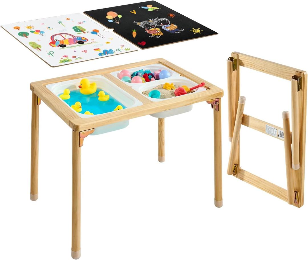 VEVOR Sensory Table for Toddlers, Foldable Wooden Kids Activity Table with Double-Sided Board, Storage Bins, and Non-Slip Feet, for Boys and Girls Playing Sand and Water, Drawing, Studying, Dining, 20.4"D x 32.3"W x20"H