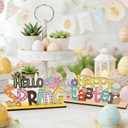 8 x Easter Spring Table Decorations Sign  2PCS Wooden Sign Bunny Decor Tiered Tray Decorations Set for Home and Office Shelf Mantel Indoor
