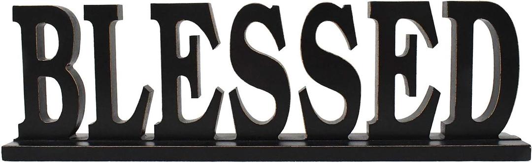 Attraction Design Rustic Wood Blessed Sign for Home Decor, Freestanding Tabletop Decor, 16.5" X 5" Black Blessed Block Letters Sign for Family Mantel