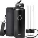 BUZIO 40oz Insulated Water Bottle, Triple Wall Vacuum Stainless Steel Water Flask with 2 lids, Lead-Free BPA-Free Straw Lid Sports Canteen Jug, Cold 48H & Hot 24H- Black