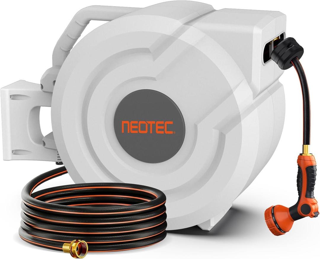5/8 in 100ft Retractable Garden Hose Reel with Any-Length Lock Slow Auto Rewind Heavy Duty Water Hose Reel With 9-Pattern Nozzle 180 Swivel Bracket UV Resistant Wall Mounted Hose Reel for Outside
