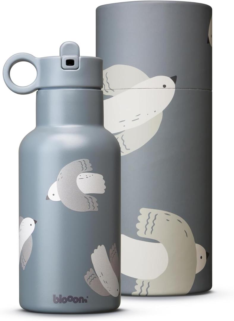 Blooom Insulated Stainless Steel Kids Water Bottle With Straw Lid | Durable, Leakproof, Cupholder Friendly | Kids Tumbler for School, Travel and Outdoors | Modern Design (Birds, 12 oz)