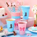 Jingmore 24 Set 16 oz Plastic Cups with Straws, Disposable Party Cups for Birthday Party Theme Parties Beverage Drink Tableware Supplies(Boots or Bows)