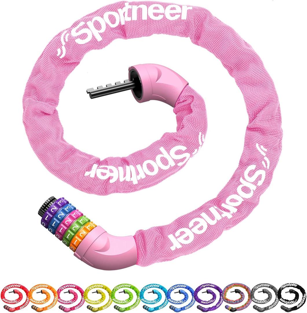 Sportneer Bike Lock: 5 Digit Combination High Security Anti Theft Bike Chain Lock - 3.2/3.6/4ft Heavy Duty Keyless Bicycle Lock for Bike, Motorcycle, Scooter, Door & Gate - 4/6mm Thick, Easy to Use (Pink)