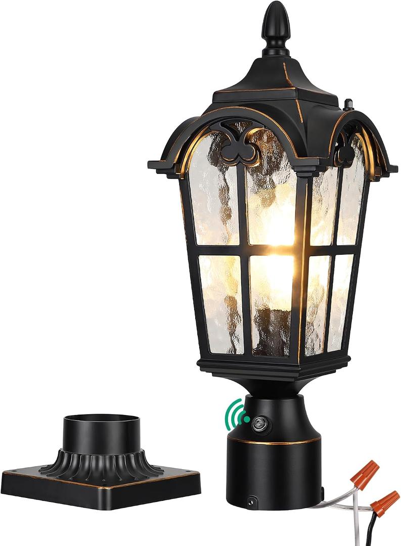 EDISHINE Dusk to Dawn Outdoor Post Light with Pier Mount Base, Hardwired Black Roman Waterproof Pole Lantern Fixture, Water Ripple Glass Exterior Lamp Post Light for Driverway, Patio, Pathway