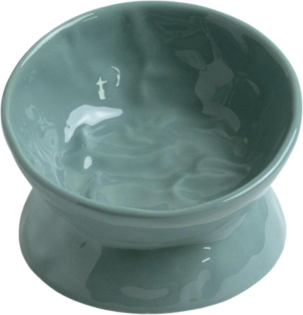 Ceramic Raised Cat Bowl, Elevated Pet Food Bowl for Small Dog, Cute Cat Dish Tilted, Whisker Fatigue, Wrinkle Texture,Teal, Blue (Tilted) (EXP 08/20/26)