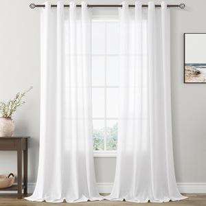 Linen Sheer White Curtains 102 inches Long for Living Room Light Filtering Privacy Thick Sheer Curtain Drapes Modern Elegant Cotton Textured Grommet White Gauze Window Curtains 102 Length Muslin Look