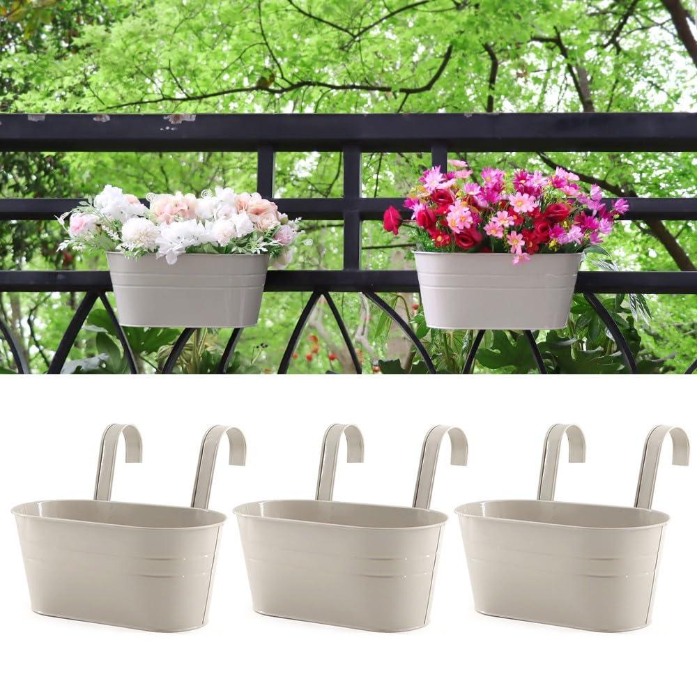 3 Pack Metal Railing Planters, 10.5" Oval Hanging Flower Pots with Detachable Hooks & Drainage Holes, Fits Rails up to 2.36", Galvanized Iron Fence Bucket for Balcony Garden Patio - Gray