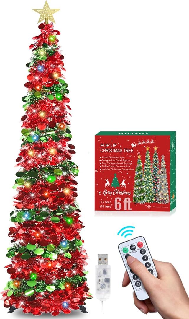 HMASYO 6 FT Pop Up Tinsel Christmas Tree with 100 Colored Timer Lights & Remote, Red Green Collapsible Artificial Pencil Tree Xmas Decoration for Home, Office, Party, USB Powered, Easy Assembly