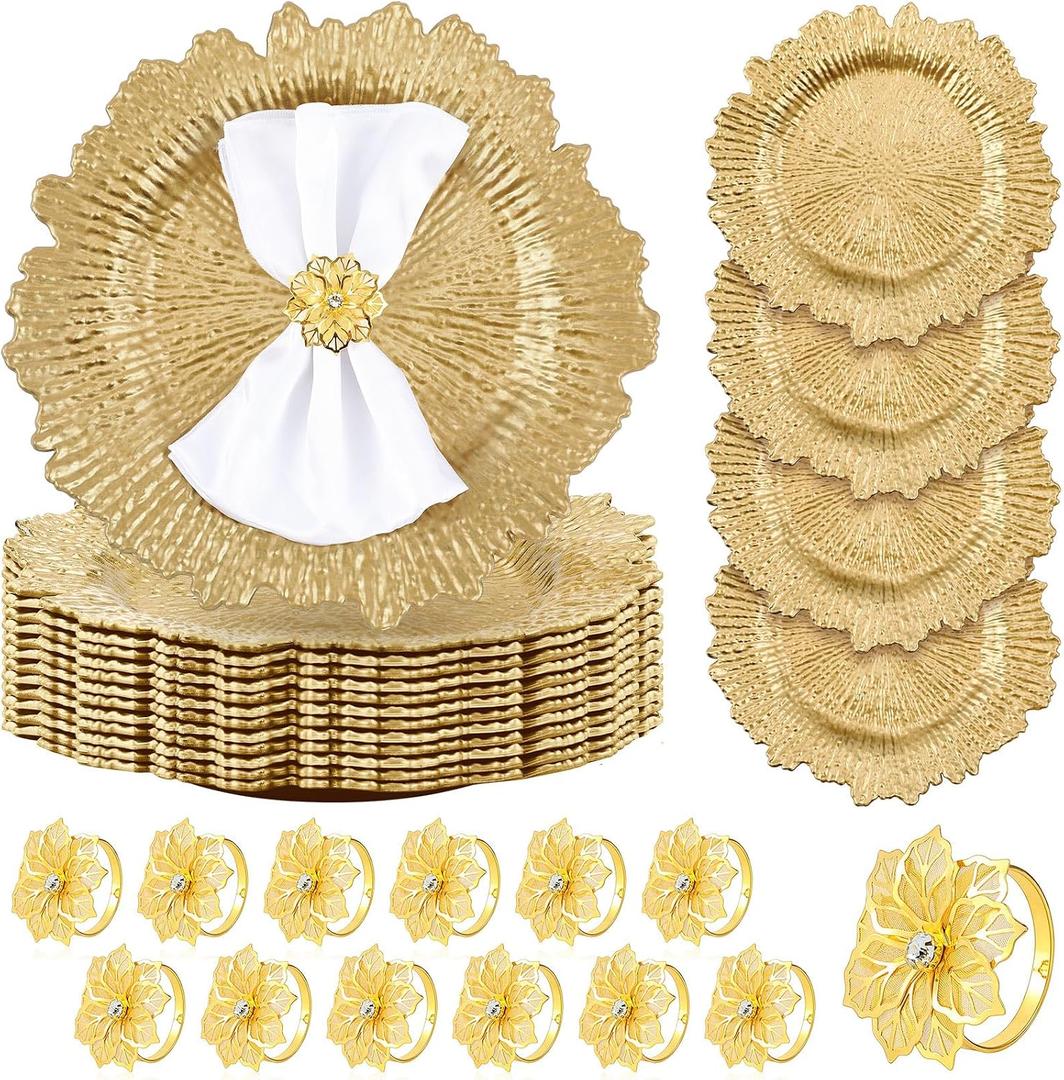 Dandat 100 Pcs Charger Plate Bulk 13'' Floral Reef Plates with Napkin Ring Plastic Dinner Charger Hollow Out Flower Napkin Holder Plastic Plate for Table Setting Wedding Party (Champagne Gold)