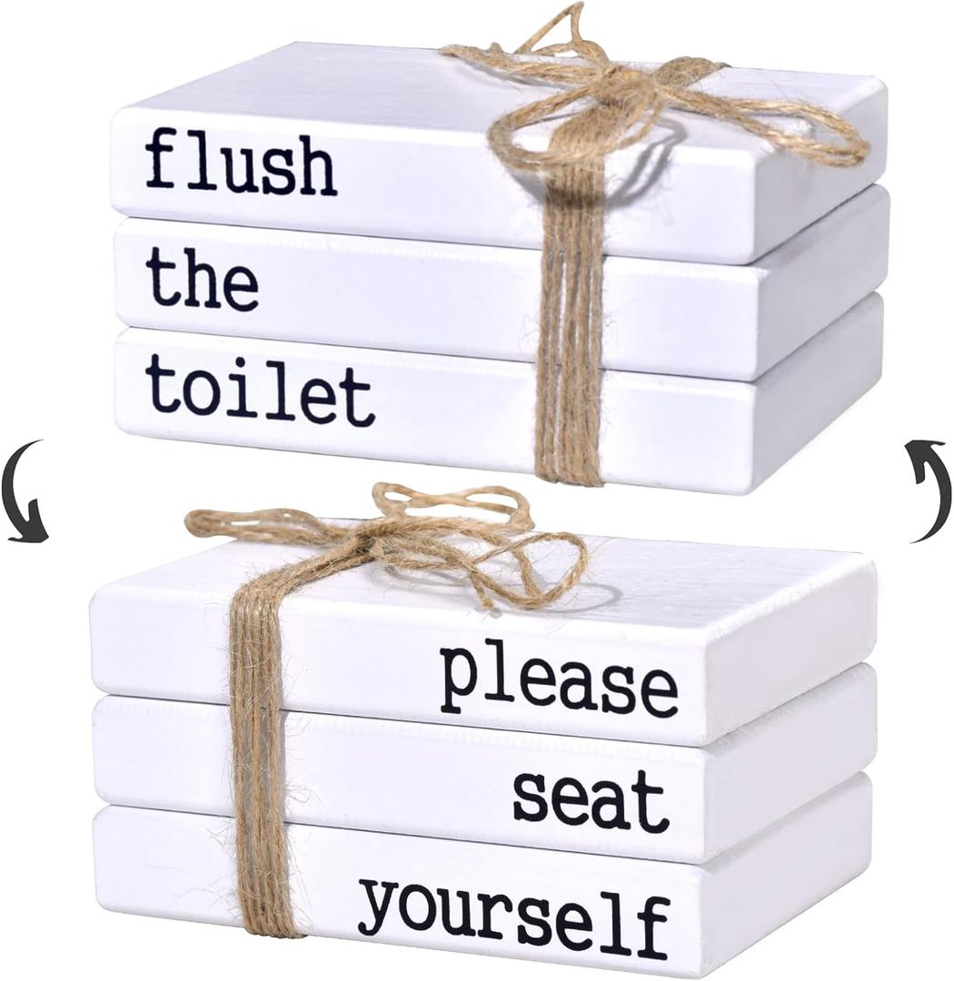 Restroom Bathroom Decor for Shelves, Funny Wooden Farmhouse Mini Book Stack for Bathroom Toilet Shelf Sign Decor Two-Sided Tabletop Decorative Set of 3 (white)