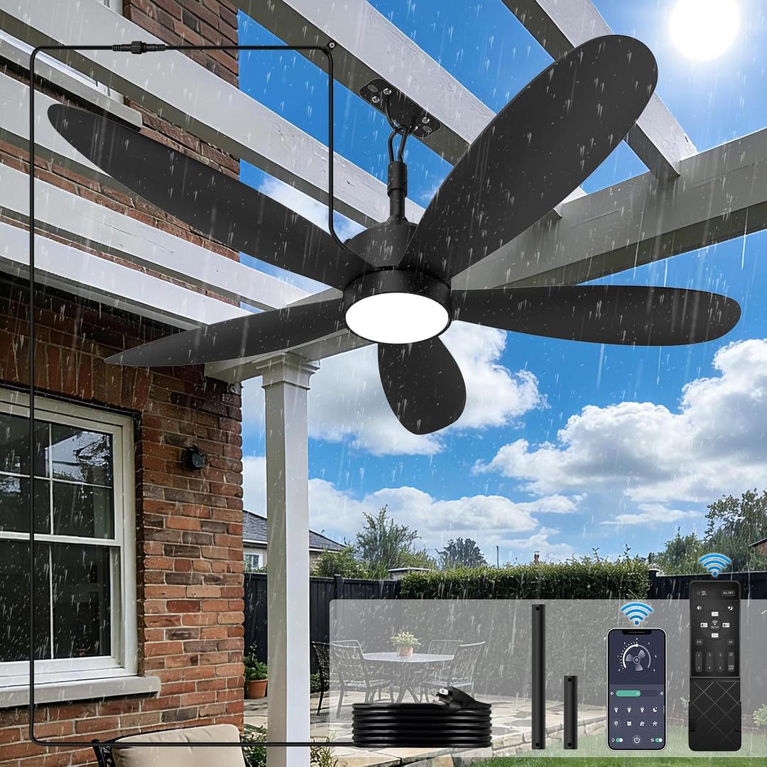 52" Outdoor Ceiling Fan With Light, Plug In Ceiling Fan With Remote, Waterproof IP67 Outdoor Fans For Patios, Gazebo Fan With Light 6 Speed DC Motor 3CCT LED, Black For Porch Pergola Gazebo Patio
