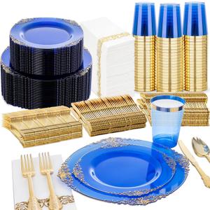 Nervure 350PCS Blue Plastic Plates - Blue Plastic Dinnerware Sets for 50 Guests - 100 Disposable Plates, 150 Gold Silverware, 50 Cups, 50 Napkins for Wedding & Party & Thanksgiving Day