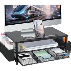 AUPSEN Wood Computer Monitor Stand Riser, 2Tier Black Desk Organizer with Drawer, Pen Storage & Phone Holder ，Office Desk Accessories Desktop Organizer for Office Supplies