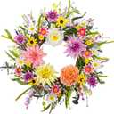 Artificial Spring Wreath 22 Inch Floral Wreaths for Front Door Spring Summer Wreath with Dahlia Daisy Flowers for Indoor Porch Wall Springtime Holidays Easter Celebrations