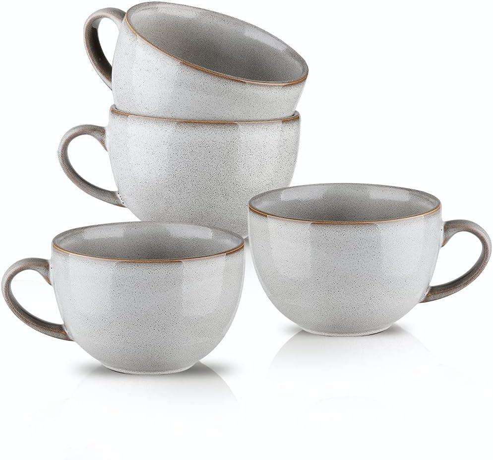 Ceramic Soup Mug with Handles, Large Coffee Mug, 24 Ounce Big Mug Microwave Safe, Coffee Mugs Set of 4, Reactive Glaze (Variable Grey)