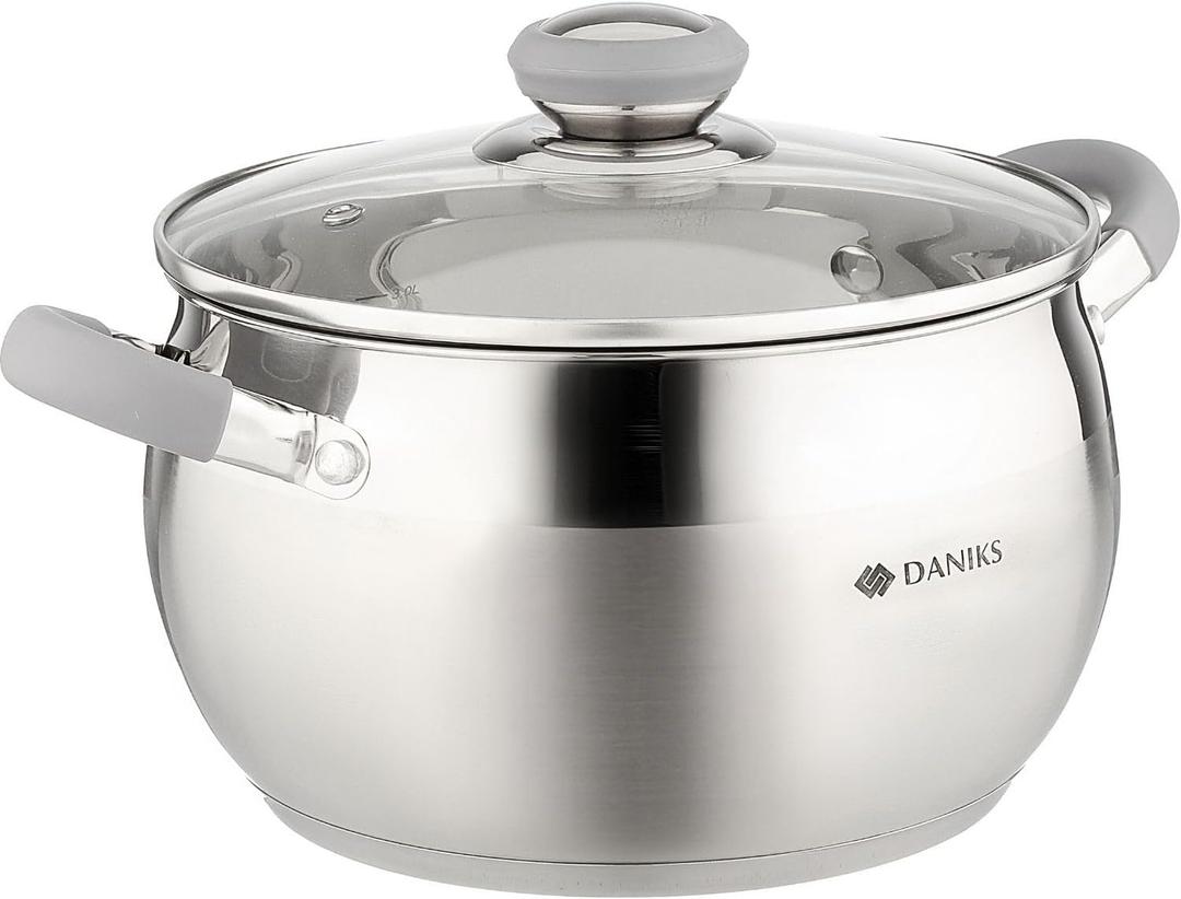 Daniks Modern 4 Quart Stainless Steel Stock Pot with Glass Lid, Tri-Ply Bottom for Even Heating, Induction Compatible, Dishwasher Safe, Heatproof Handles