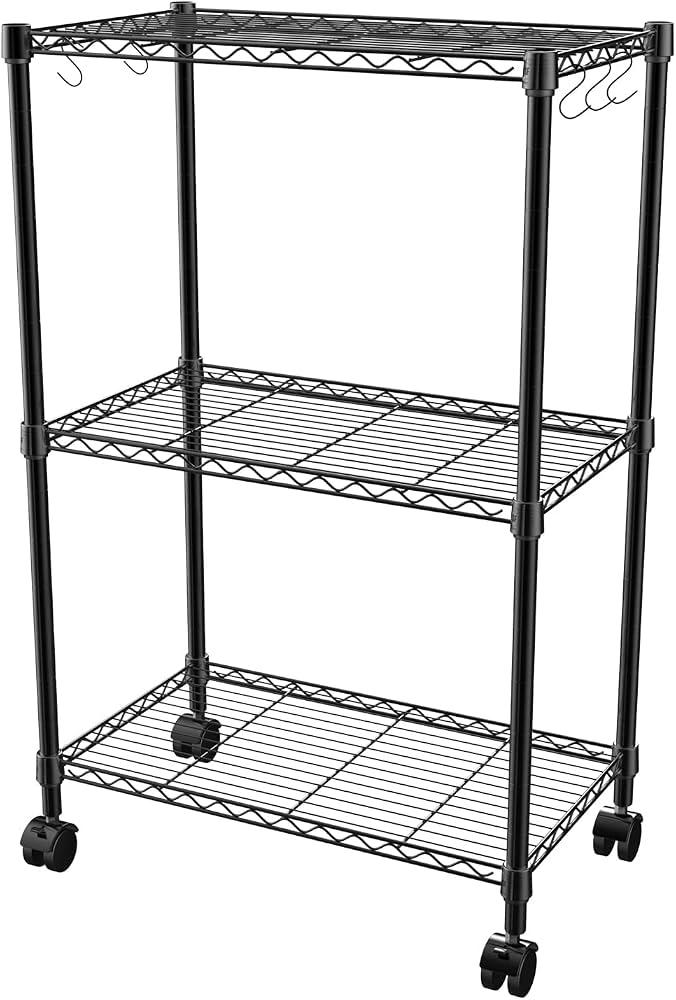 Storage Shelves,Shelf Adjustable Wire Shelving Unit,Sturdy Steel Metal Shelves Heavy Duty Shelving Rolling Cart with Casters for Garage,Kitchen,Living Room,Bathroom, 24L X 14W X 35.5H .3Tier Black