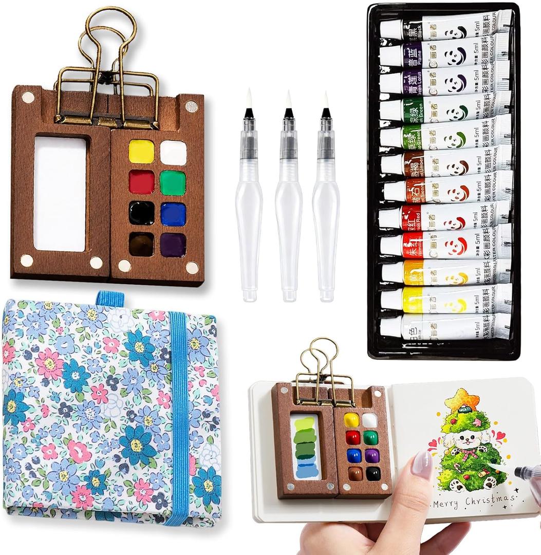 Mini Portable Watercolor Palette Set-Grid Paint Box with Binder Clips Include 12 Colors Paint - Brush*3 and Picture Album Art Materials Coloring Markers for Travel, Creative Drawing Kit for Beginners and Art Enthusiasts((Blue Wood-S)