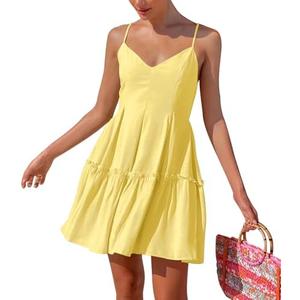 FANCYINN Women's Summer V Neck Casual Swing Short Dress Spaghetti Strap Tiered Backless Dresses with Pockets, XL