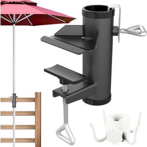 Outdoor Umbrella Clamp, Stainless Steel Umbrella Holder, Adjustable Deck Umbrella Mount with Umbrella Hook Accessory Mount for Picnic Table, Bleachers, Railing (Black)