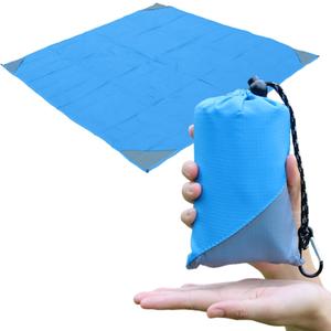 Orga'Neat Pocket Picnic Blanket, Sandproof Lightweight Pocket Camping Tarp, 55x 60 Foldable & Fits into Small Bag, Water Resistant Washable Quick Dry Compact Beach Mat for Outdoor Recreation (Blue/Grey)