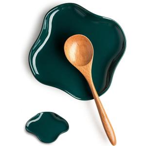 Spoon Holder, Ruffled Edge Ceramic Ladle Holder for Stove Top, Modern Kitchen Decor Stove Spoon Holder Cooking Ladle Holder for Multiple Utensils, Christmas Gifts Dark Green