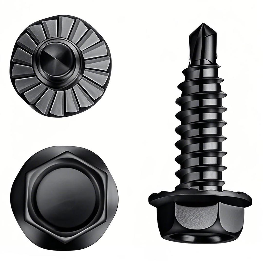 #14 x 3/4" Black Serrated Hex Washer Head Self-Drilling Screws, Zinc Plated Tek Screws with #2 Drill Point, Metal Fasteners for Black Garage Door Hinges & Roofing, 25 Pack