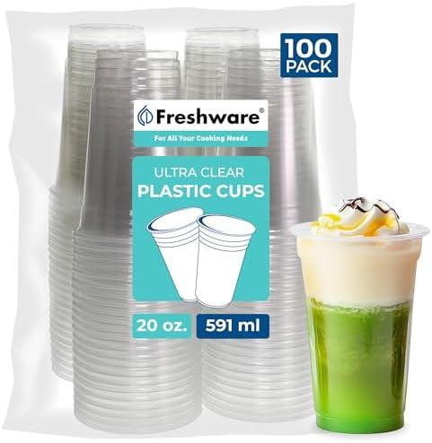 Freshware Clear Plastic Cups [100 Pack - 20 oz] Disposable Cups for Iced Coffee, Smoothie, Milkshake, Cold Drinks