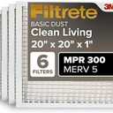 Filtrete 20x20x1 AC Furnace Air Filter, MERV 5, MPR 300, Capture Unwanted Particles, 3-Month Pleated 1-Inch Electrostatic Air Cleaning Filter, 6-Pack (Actual Size 19.69x19.69x0.81 in)