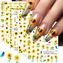 2 x 8 Sheets Sunflower Nail Art Stickers 3D Self-Adhesive Cute Yellow Bee Butterfly Spring Summer Sunshine Floral Design Small Daisy Flowers Nails Decals for Women Girls Summer Manicure Decoration