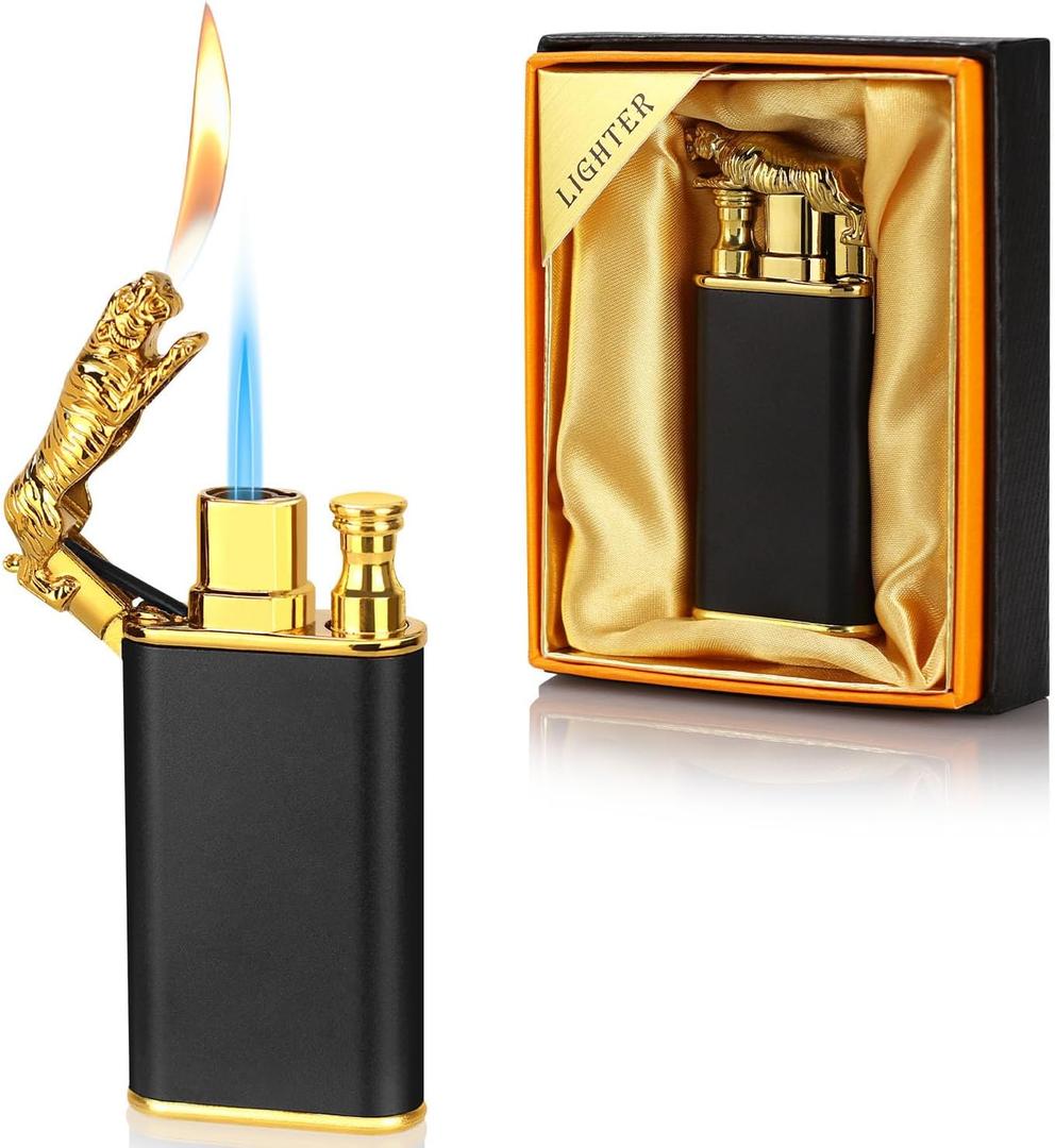 3 x Magic Dual Flame Tiger Lighter, Butane Refillable Torch Lighter Double Flame Tiger Lighter Switchable Windproof Jet & Soft Fire Cool Lighter Creative Gift for Men (Black, Without Gas)