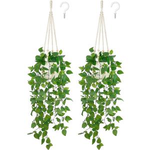 Mkono 2 Packs Fake Hanging Plant with Pot, Artificial Plants Macrame Plant Hanger Fake Vine Greenery for Bedroom Bathroom Home Office Decor (Ivory)