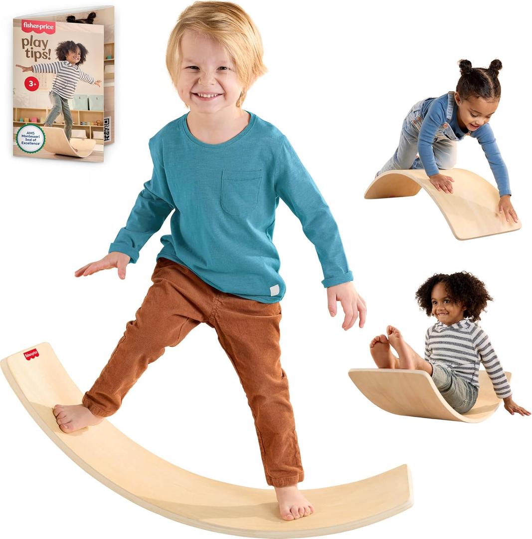 Fisher-Price Wood Montessori Toy Rockin' Balance Board, American Montessori Society Seal of Excellence, 31.7-Inch Wooden Motor Skills Learning Activity for Kids Ages 3+ Years, 30.9843 Inches X 11.4173 Inches X 7.4803 Inches