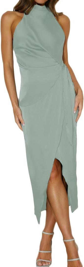 Halfisland Womens Summer Satin High Neck Sleeveless Wrap Dress Elegant Mock Neck Tie Waist Cocktail Formal Dresses (Small, Sage) Halfisland Womens Summer Satin High Neck Sleeveless Wrap Dress Elegant Mock Neck Tie Waist Cocktail Formal Dresses (Small, Sage)