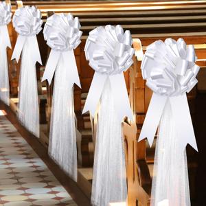 Dingion 30 Set Large Wedding Pew Bows Wedding Aisle Decorations with 47" Fabric Tulle Church Chair Aisle Decor for Bridal Shower Reception Ceremony Anniversary Christmas Parties(White)