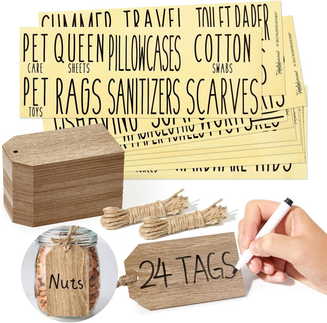 Talented Kitchen 24 Pack Natural Wooden Hanging Tags, 4.33x2.5 in, 70 Black Preprinted Labels, String, Hanging Labels for Kitchen, Laundry & Bathroom Storage Organization