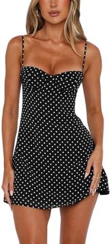 Sexy Polka Dot Dress for Women Butterfly Collar Open Back A Line Sleeveless Mini Cami Dress for Clubwear Party M