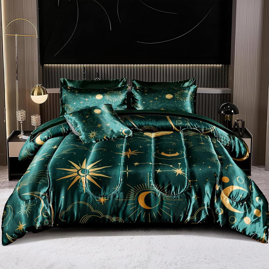 Sun and Moon Comforter Set Blue Green Satin Bedding King Stars Cloud Galaxy Comforter Mysterious Celestial Theme Silk Like Silky Bed in A Bag with Comforter and Sheets