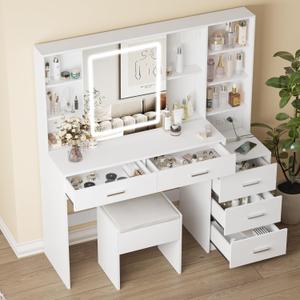 Fameill Vanity Desk with Mirror and Lights, Makeup Vanity with 5 Drawers, Makeup Desk with Charging Station and Ample Storage, Dressing Table with Chair for Bedroom Room (White)